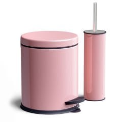 Pembe 2'li Çöp Kovası Banyo Seti Tuvalet Fırçası