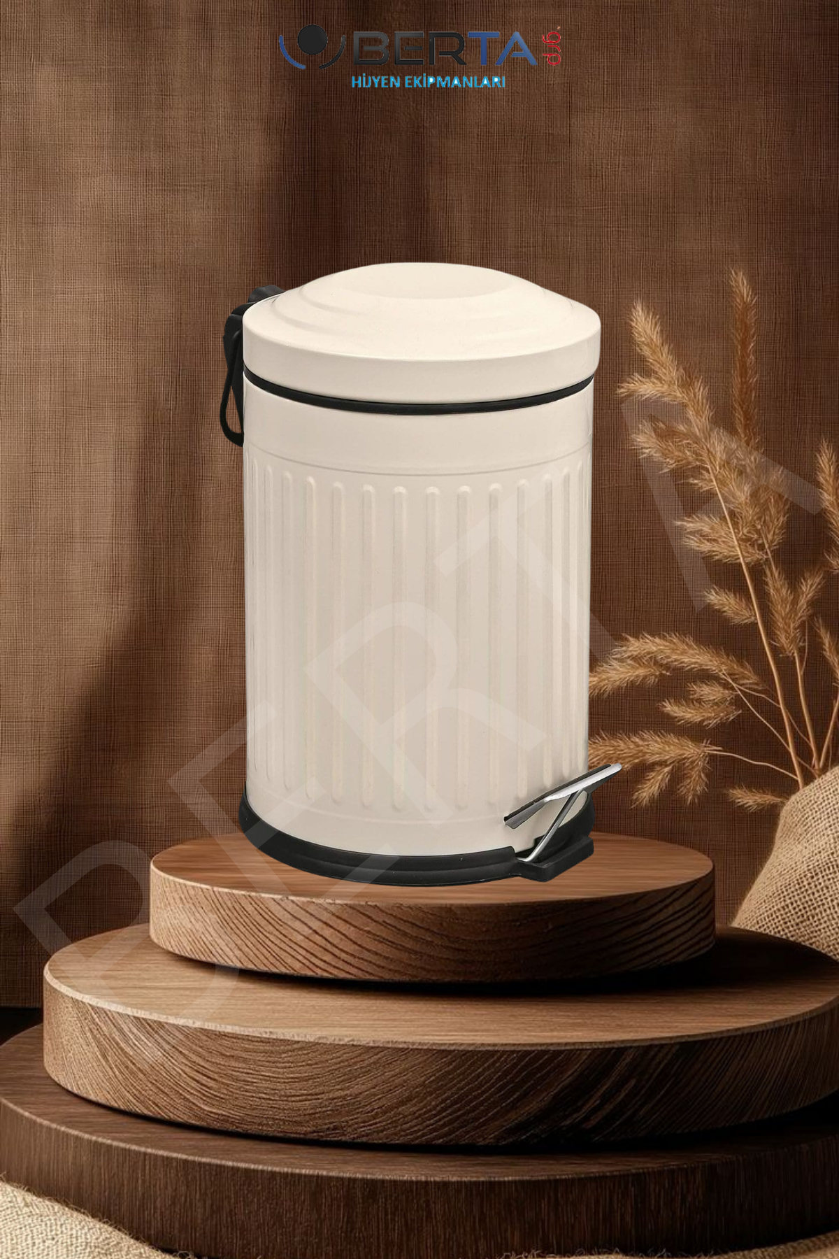 Vintage Krem Çöp Kovası Amortisörlü Kapak Çizgili Lüks Model 12lt