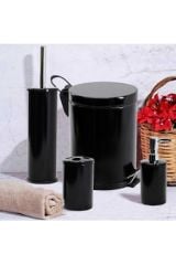 Siyah Çöp Kovası Banyo Seti 4'lü Tuvalet Fırçası Sabunluk Diş Fırçalık