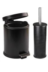 Siyah Çöp Kovası Banyo Seti 4'lü Tuvalet Fırçası Sabunluk Diş Fırçalık