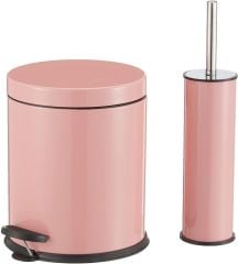 Pembe 2'li Çöp Kovası Banyo Seti Tuvalet Fırçası
