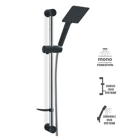 Sürgülü Panda Black Duş Sistemi Mono Fonksiyon Sürgülü Boy Ayarı Sabunluklu Siyah